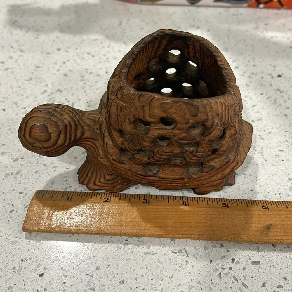 Vintage Hand Carved Wood Turtle Tea Light Holder Decor Shelf Sitter